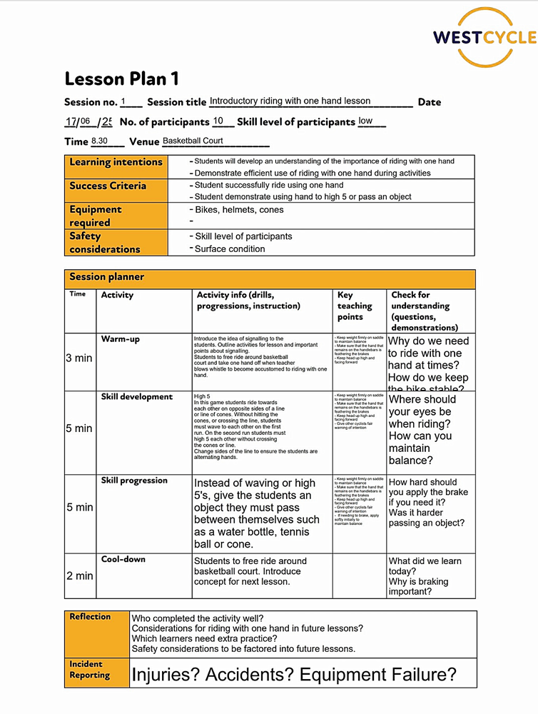 A sample bike education lesson plan
